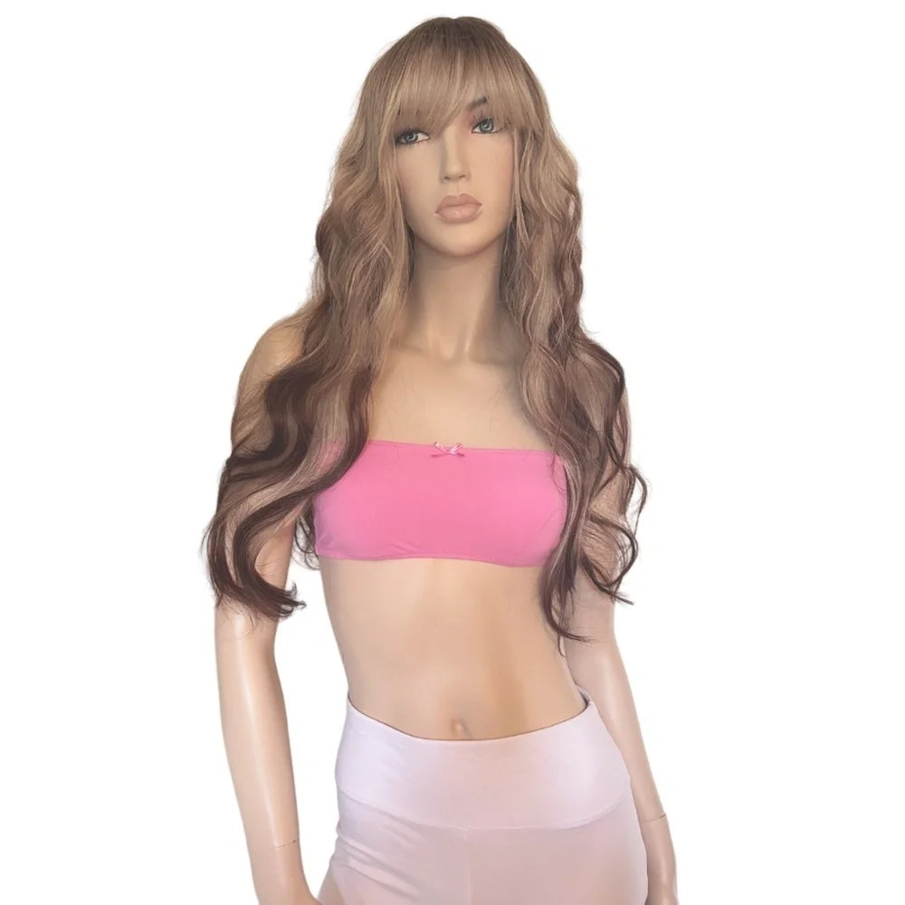 Long 26" Blonde & Brown Synthetic Wig with Bangs Streak Highlights Everyday NIP - Picture 2 of 13